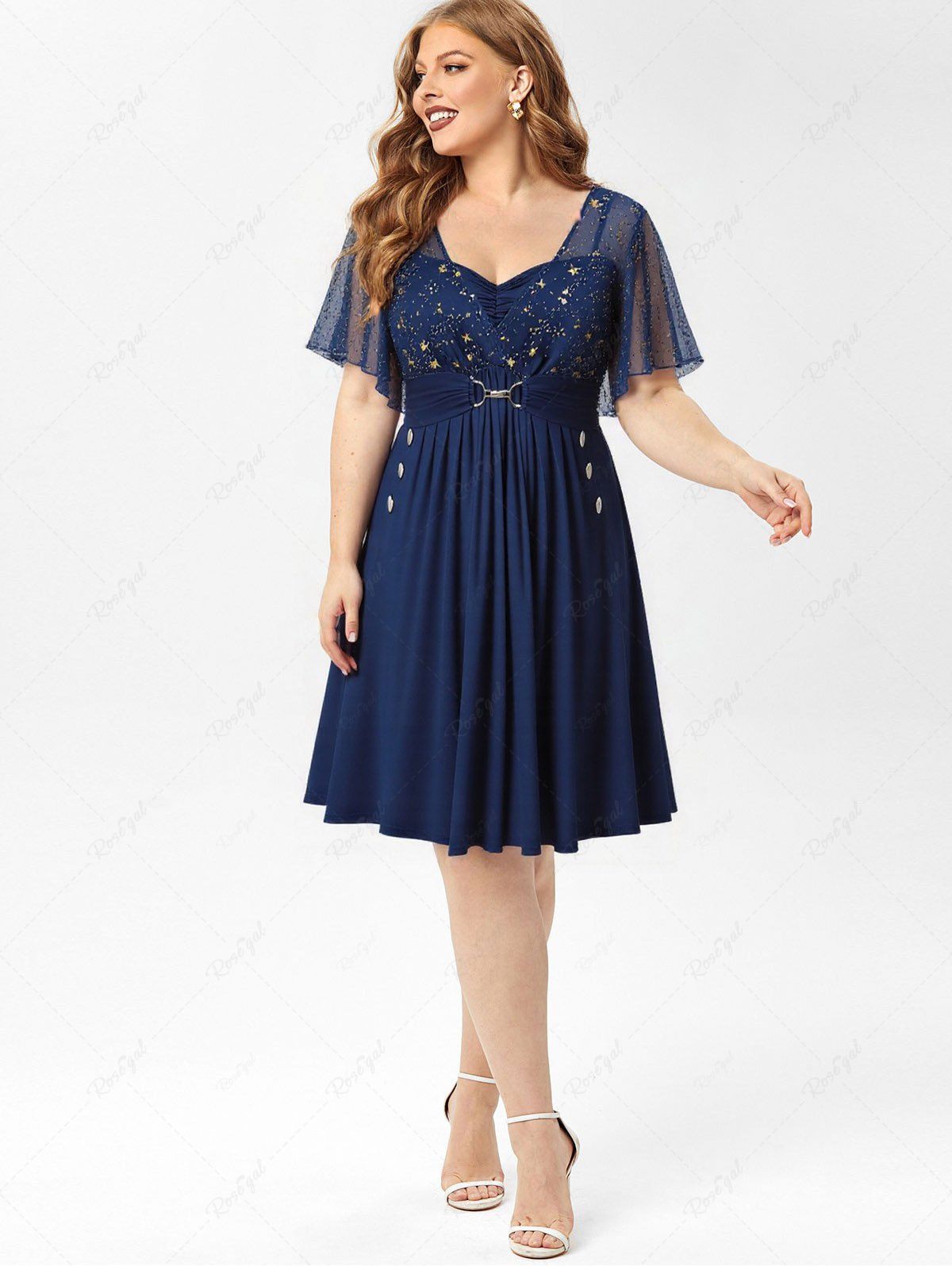 Affordable Plus Size Stars Print Buckle Button Pockets Ruched Butterfly Sleeves Dress  