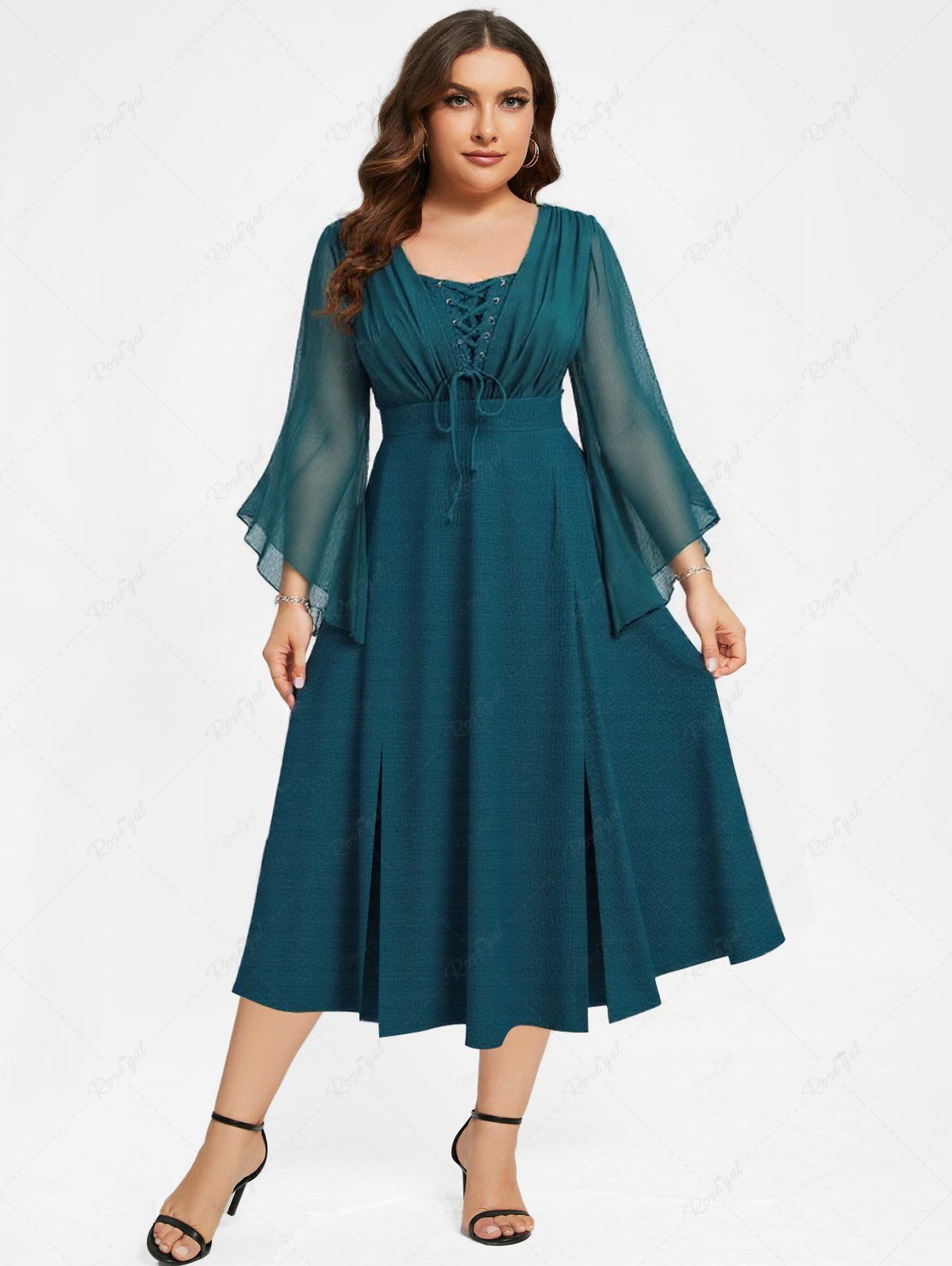 Unique Plus Size Ruched Lace Up Mesh Bell Sleeves Textured Split Dress  