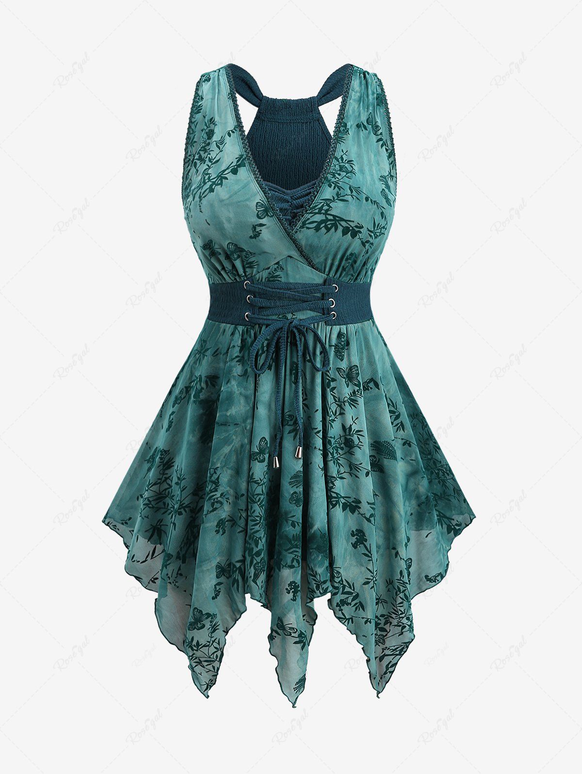 Fancy Plus Size Butterfly Flowers Leaf Flocking Ruched Lace Up Surplice Asymmetrical Tank Top  