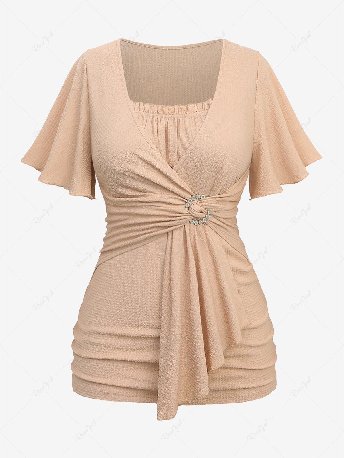 Buy Plus Size Ruched Daisy Buckle Ruffles Surplice Asymmetrical Textured Top  