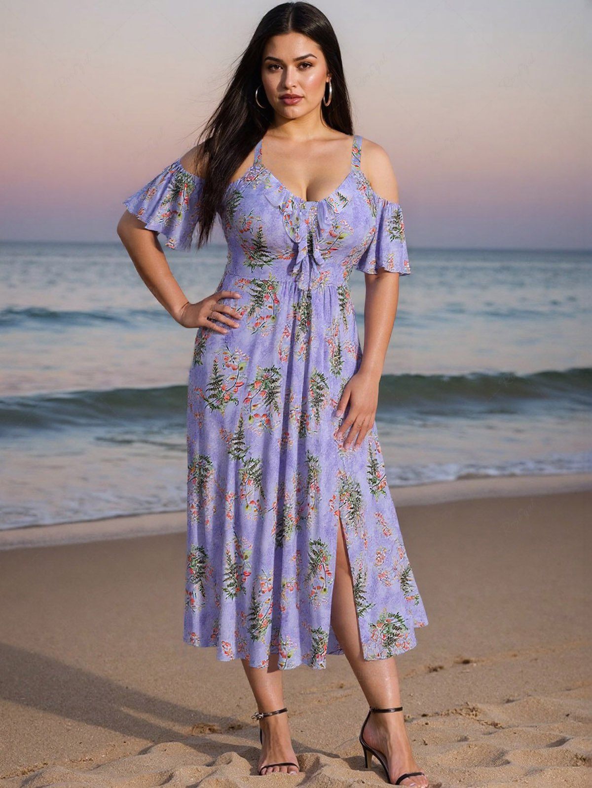 Shops Plus Size Rose Flower Leaf Print Ruffles Cold Shoulder Dress  