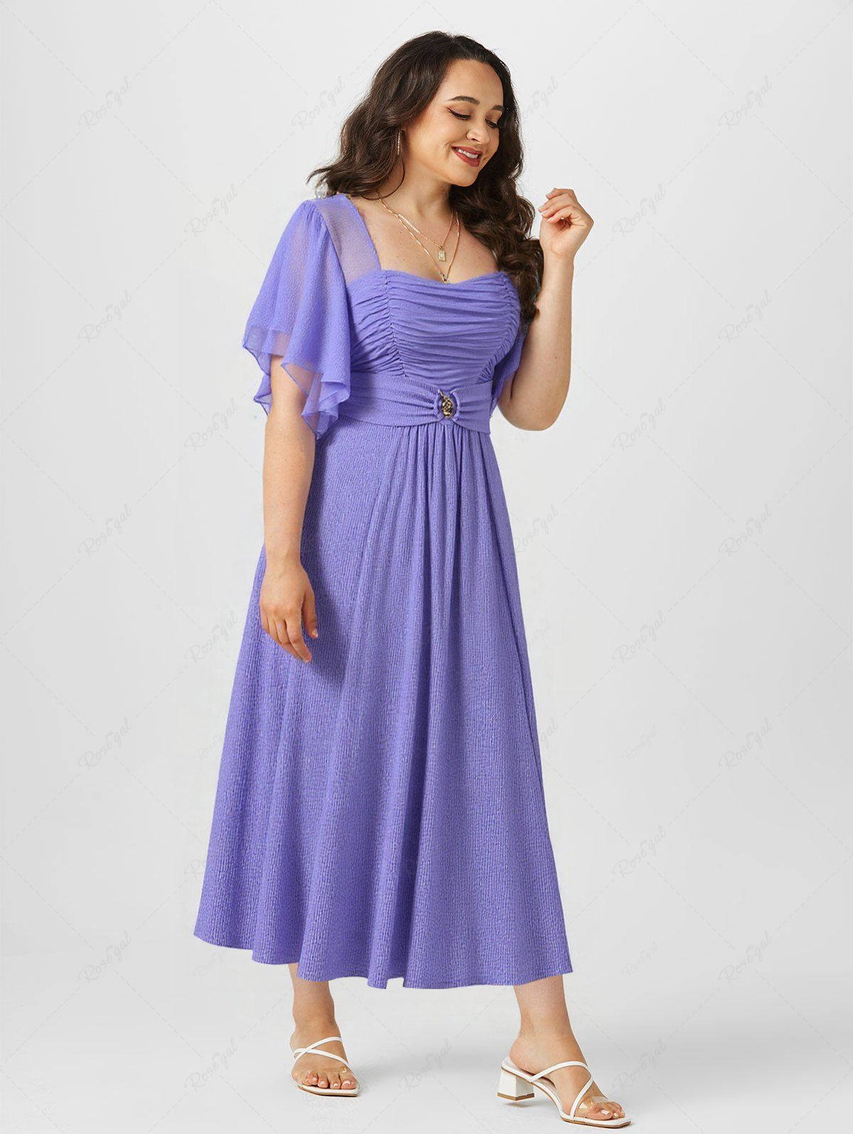 Discount Plus Size Ruched Buckle Butterfly Sleeves Plisse Dress  