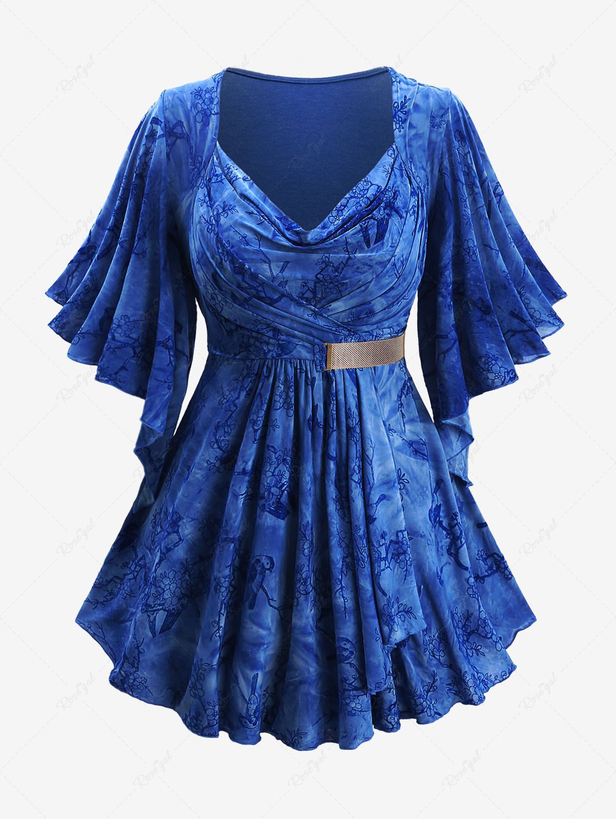 Affordable Plus Size Bird Plum Bossom Flower Flocking Ruched Chains Panel Cowl Neck Butterfly Sleeves Top  