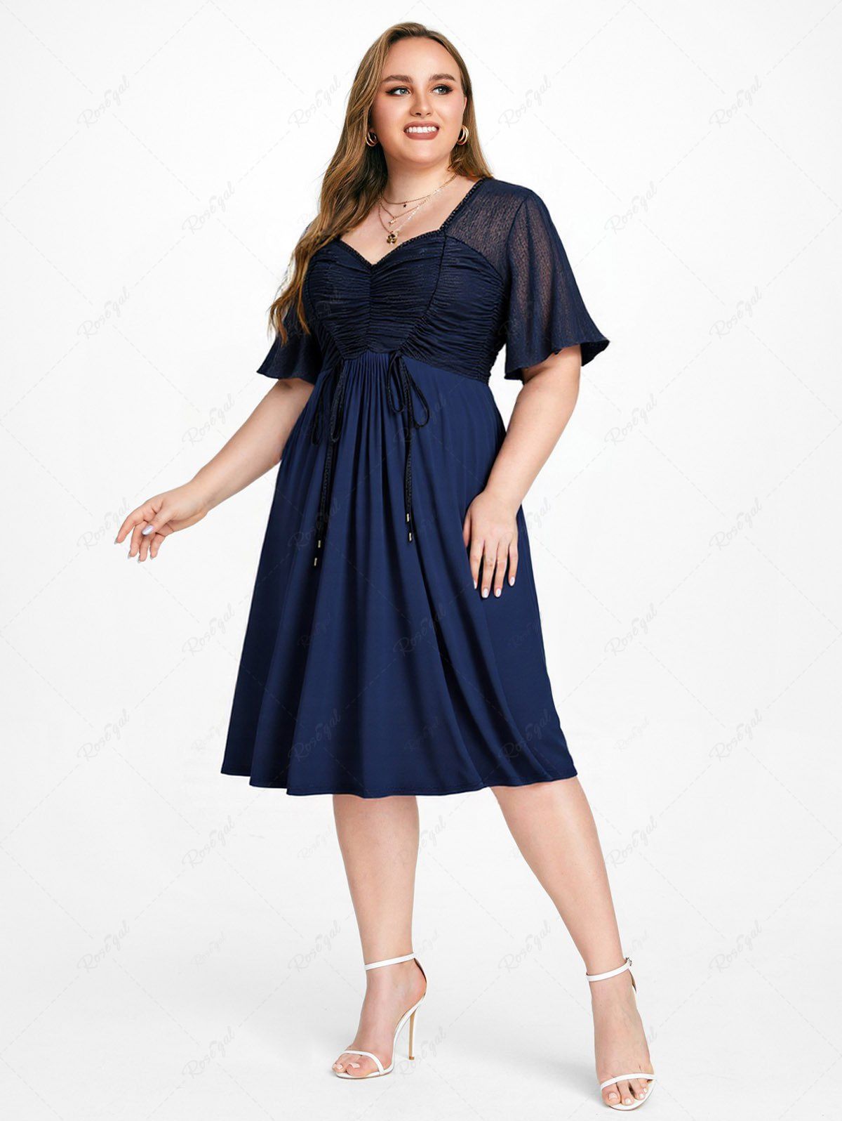 Cheap Plus Size Glitter Line Insert Cinched Ruched Pockets A Line Midi Dress  