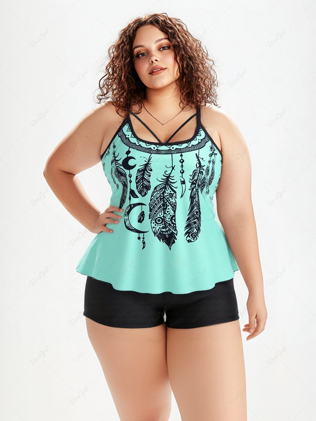 Cheap Plus Size Dreamcatcher Print Modest Tankini Swimsuit  