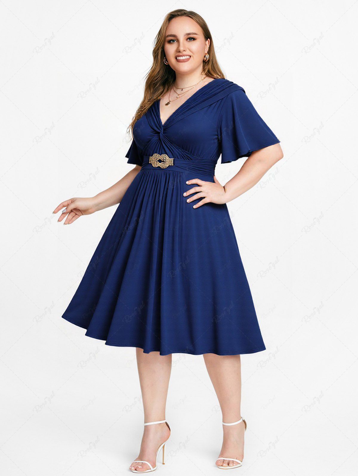 Discount Plus Size Crisscross Twist Panel Ruched Buckle Waist Ruffles Pocket Dress  