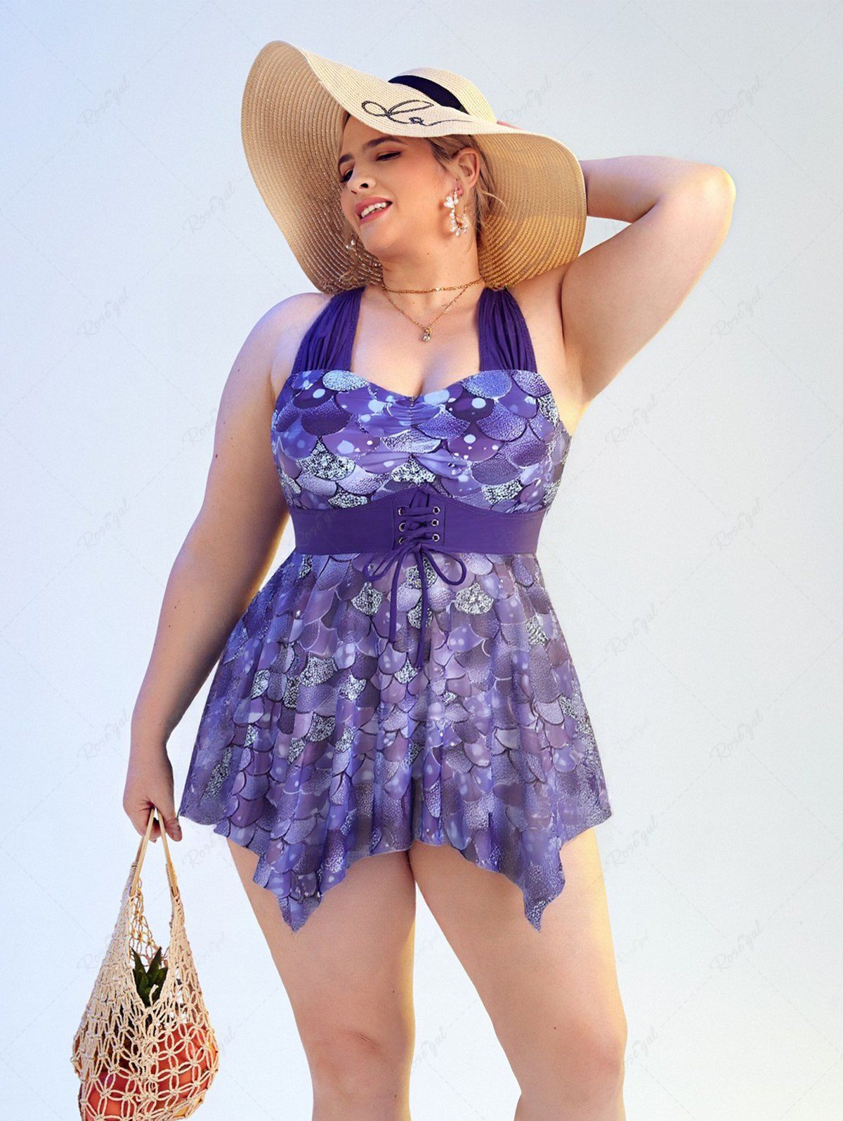 Store Plus Size Mermaid Print Lace Up Ruched Lattice Crisscross Straps Boyleg Tankini Swimsuit  