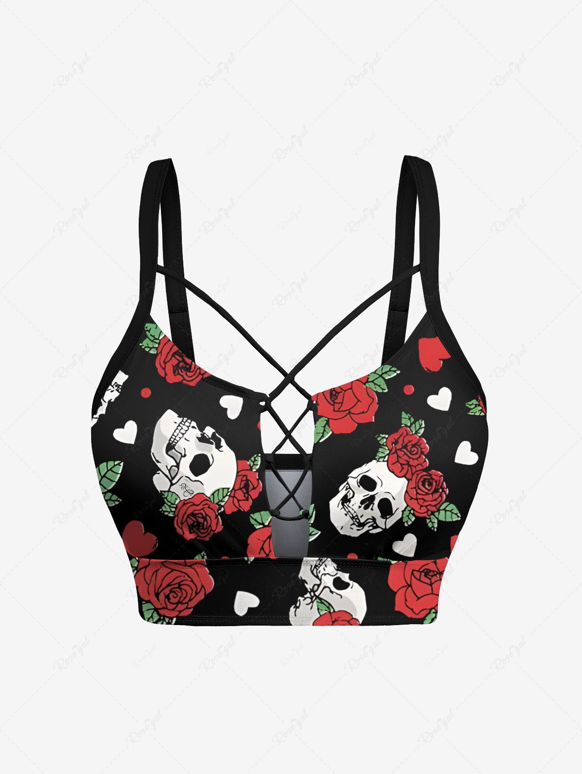 Outfit Skull Rose Flower Leaf Heart Print Hawaii Lace Up Braided Tankini Top(Adjustable Shoulder Strap)  
