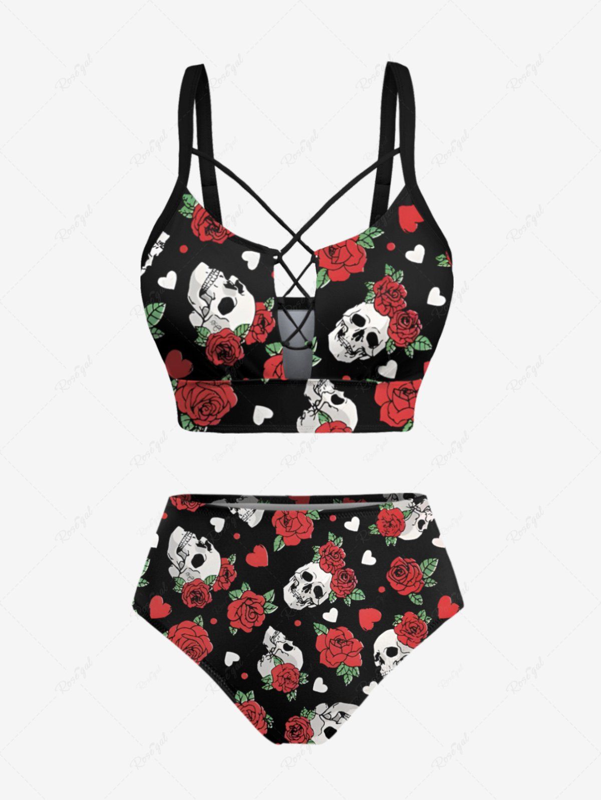 Outfit Skull Rose Flower Leaf Heart Print Hawaii Tankini Swimsuit Plus Size Matching Set  