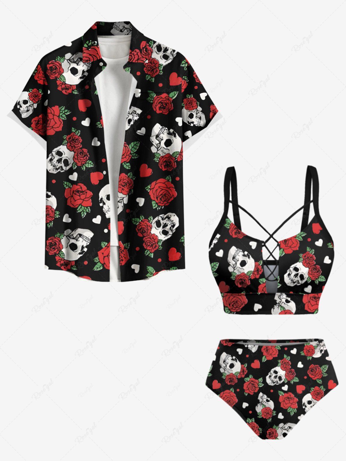 Maillot de Bain Grande Taille Imprimé Rose et Coeur Costume de Longueur Cheville Noir 
