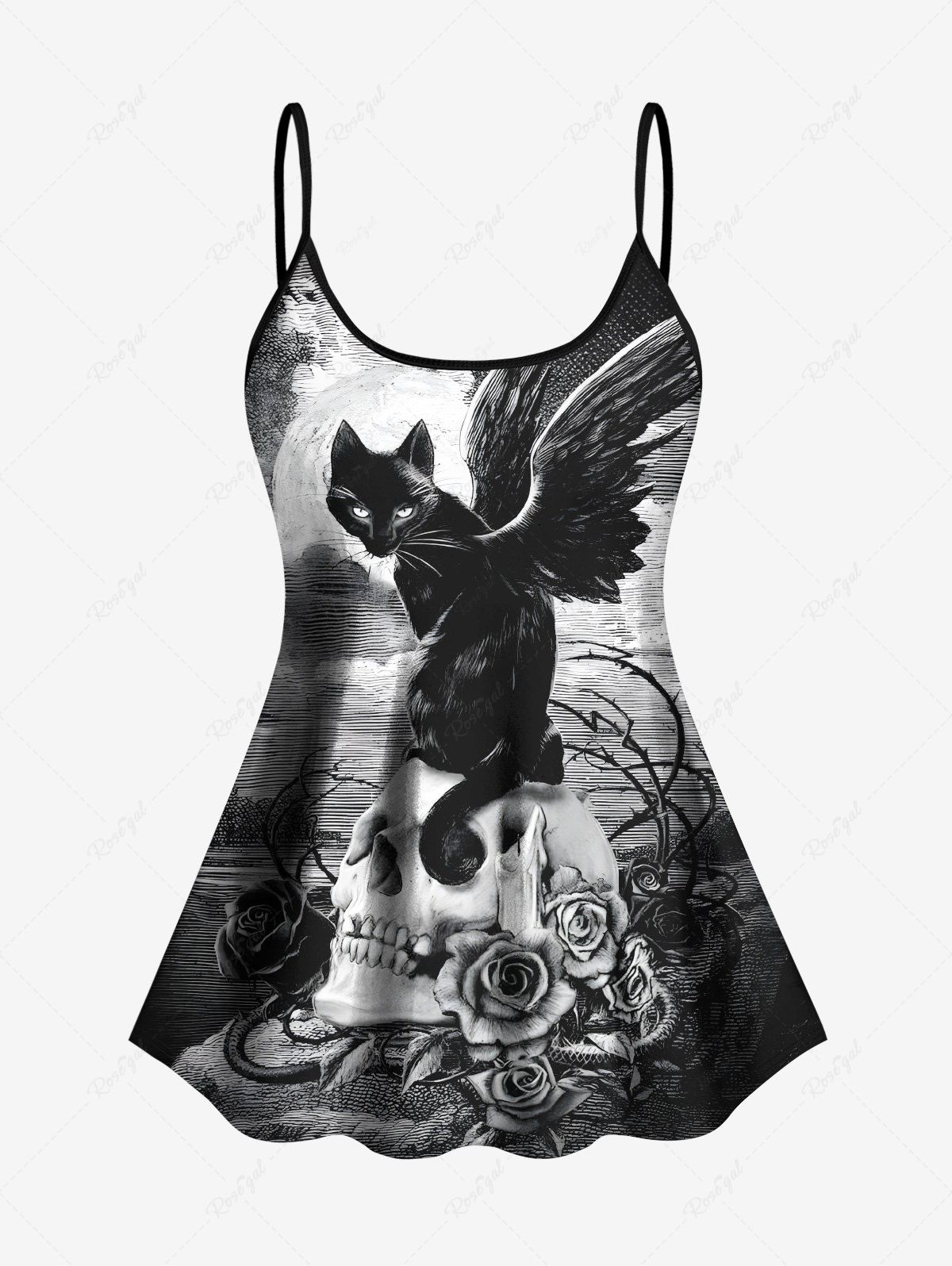 Haut de Tankini Chat Fleur Crâne et Nuage Imprimés à Bretelle Ajustable de Chat (T-shirt) Noir 2X