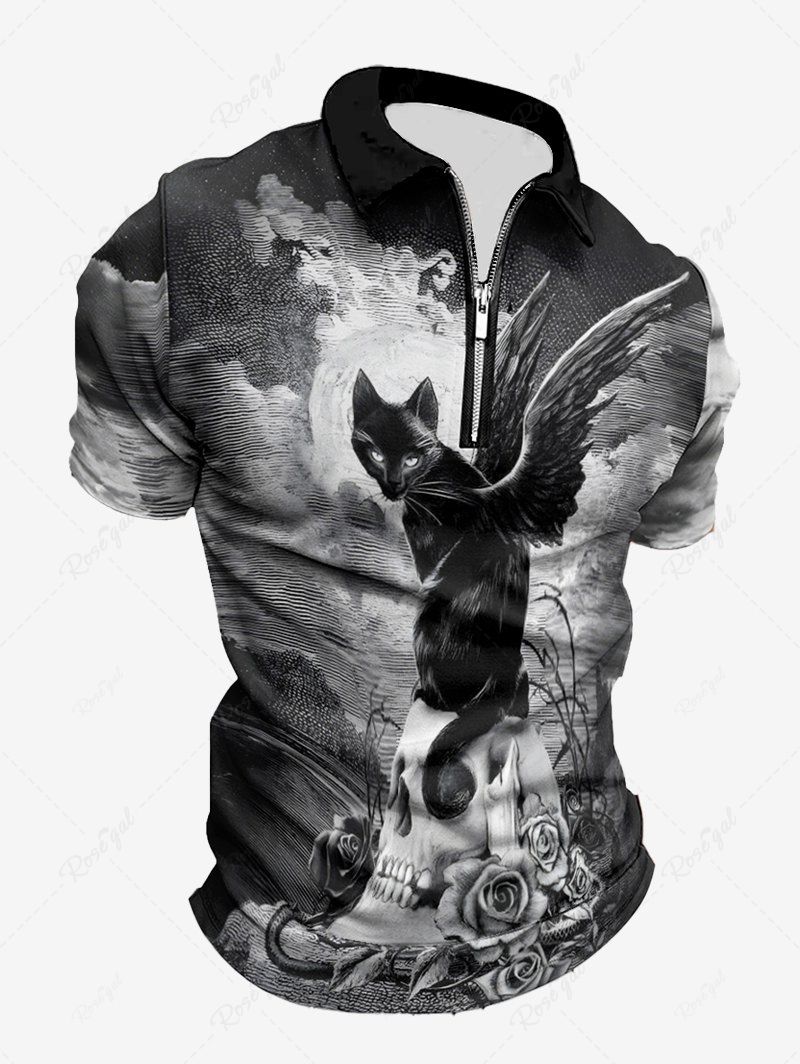 Store Plus Size Cat Wing Rose Flower Skull Cloud Sky Print Zipper Polo Shirt For Men  