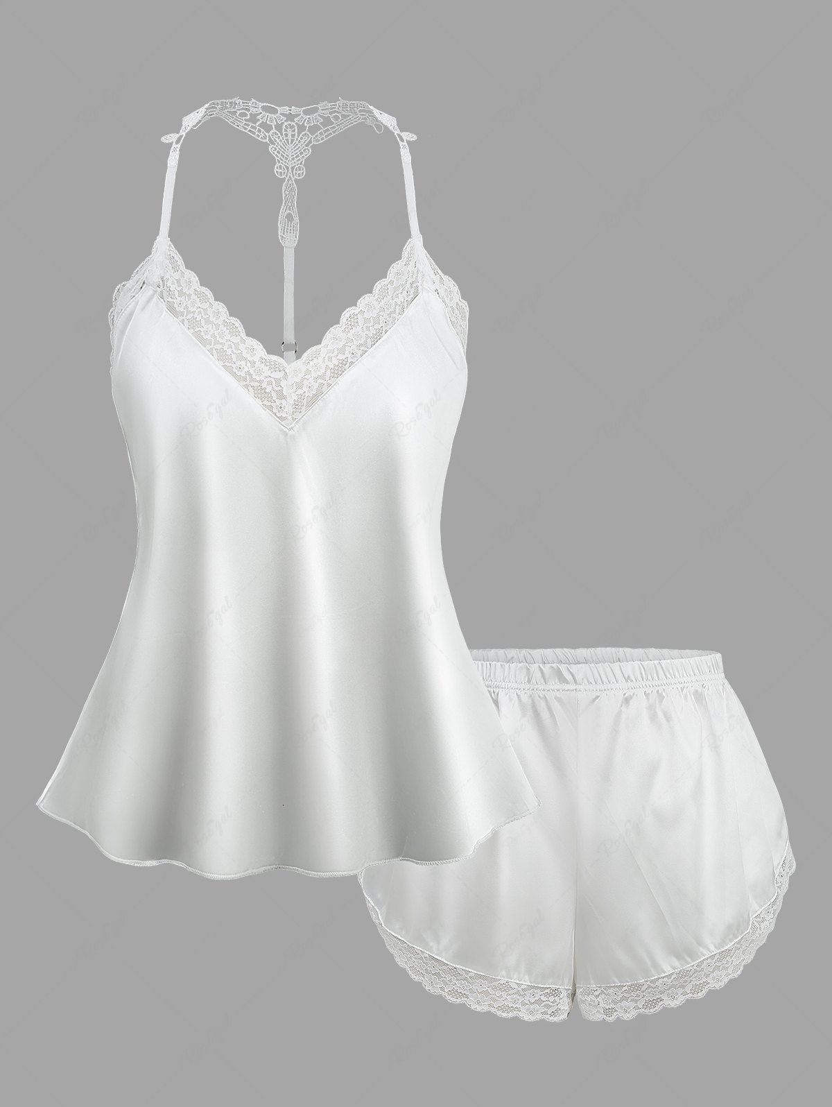 Chic Lace Trim Flower Crochet Solid Strappy Slip Pajama Top and Shorts Plus Size Matching Set  