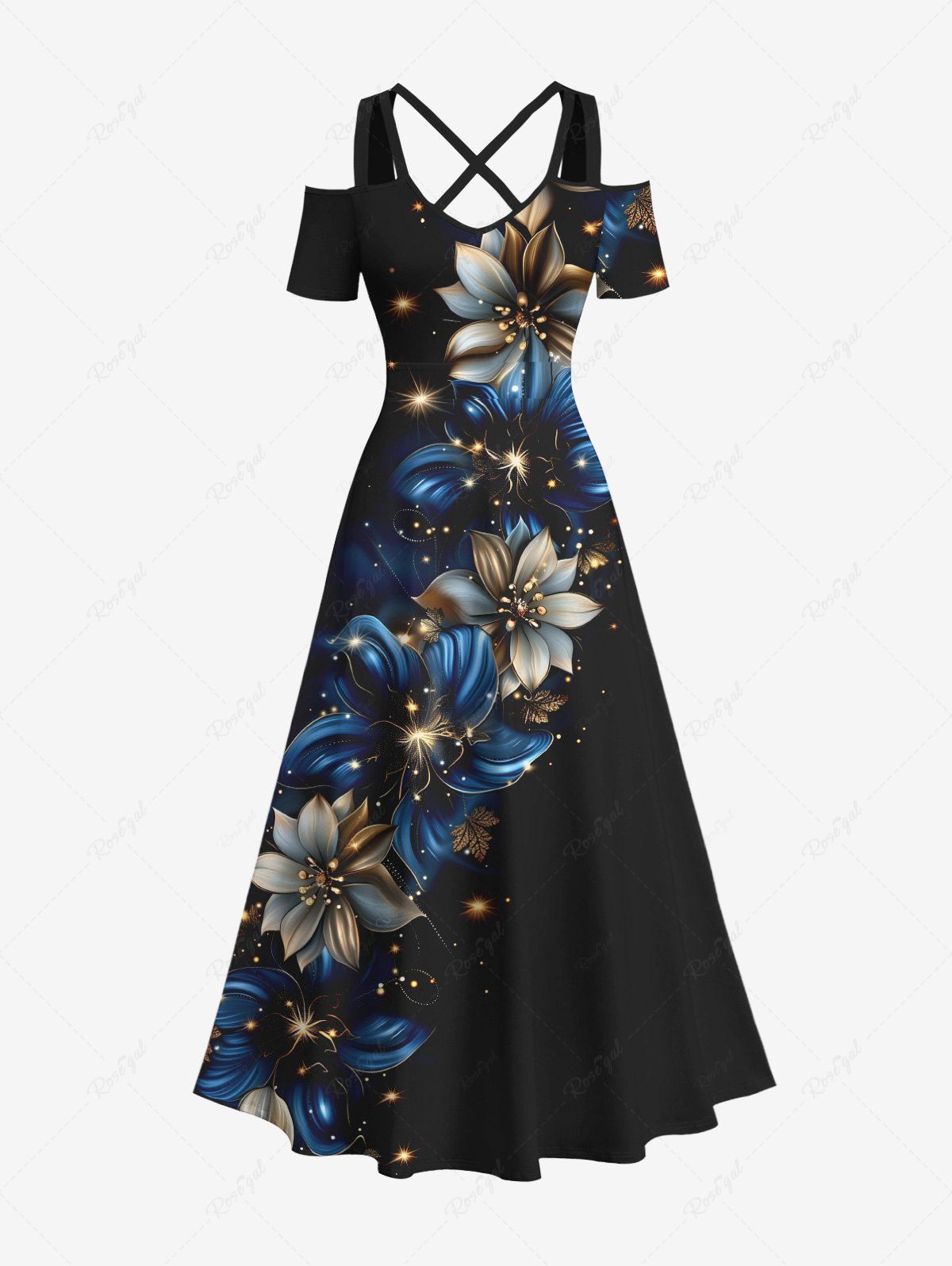 Trendy Plus Size Glitter Floral Stars Galaxy Print Hawaii Cold Shoulder Crisscross A Line Maxi Dress  