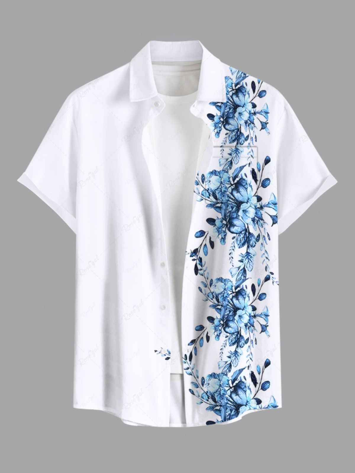 Online Plus Size Floral Leaves Branch Print Hawaii Button Pocket Shirt For Men  
