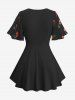 Cherry Fruit Waffle Plaid Print Crisscross Blouse and Scalloped Floral Tassel Flare Pants Plus Size Outfit - Noir 