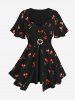 Cherry Fruit Waffle Plaid Print Crisscross Blouse and Scalloped Floral Tassel Flare Pants Plus Size Outfit - Noir 