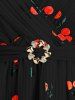 Cherry Fruit Waffle Plaid Print Crisscross Blouse and Scalloped Floral Tassel Flare Pants Plus Size Outfit - Noir 
