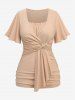 Daisy Buckle Ruched Ruffles Surplice Asymmetrical Textured Top and Skinny Leggings Plus Size Outfit -  