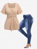 Daisy Buckle Ruched Ruffles Surplice Asymmetrical Textured Top and Skinny Leggings Plus Size Outfit -  