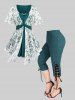 Plum Bossom Flower Lace Hot Stamping Ribbed Textured Patchwork Twist 2 In 1 Top and Lace Up Textured Pockets Capri Pants Plus Size Outfit -  