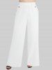 Rose Flower Print Jacquard Embroidery 2 in 1 Blouse and Slant Pockets Split Solid Wide Leg Pants Plus Size Outfit -  