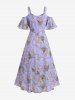 Plus Size Rose Flower Leaf Print Ruffles Cold Shoulder Cottagecore Dress -  