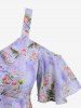 Plus Size Rose Flower Leaf Print Ruffles Cold Shoulder Cottagecore Dress -  