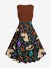 Robe trapèze vintage hawaïenne des années 1950, grande taille, imprimé floral et champignons à tête de cerf - Rouge foncé XS