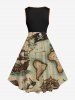 Plus Size Distressed Skull Sailboat Map Steering Wheel Print Hawaii Cruise 1950s Vintage Swing A Line Dress -  