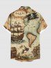 Plus Size Distressed Skull Sailboat Map Steering Wheel Print Hawaii Cruise Button Pocket Shirt For Men -  
