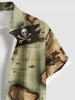 Plus Size Distressed Skull Sailboat Map Steering Wheel Print Hawaii Cruise Button Pocket Shirt For Men -  