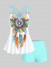 Plus Size Feather Print Crisscross Strappy Back Rings Boyshorts Tankini Swimsuit -  