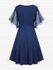 Plus Size Stars Print Buckle Button Pockets Ruched Butterfly Sleeves Dress -  