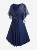 Plus Size Stars Print Buckle Button Pockets Ruched Butterfly Sleeves Dress -  