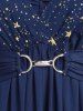 Plus Size Stars Print Buckle Button Pockets Ruched Butterfly Sleeves Dress -  