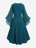 Plus Size Ruched Lace Up Mesh Bell Sleeves Textured Split Dress -  