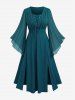 Plus Size Ruched Lace Up Mesh Bell Sleeves Textured Split Dress -  