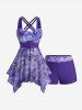 Plus Size Mermaid Print Lace Up Ruched Lattice Crisscross Straps Boyleg Tankini Swimsuit -  