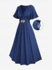 Plus Size Crisscross Twist Panel Ruched Buckle Waist Ruffles Pocket Dress -  