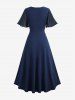 Plus Size Romantic Vintage Flutter Sleeve Ruched Waist Flowy A Line Midi Dress with Pockets -  