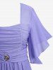 Plus Size Ruched Buckle Butterfly Sleeves Plisse Dress -  