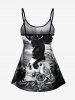Haut de Tankini Chat Fleur Crâne et Nuage Imprimés à Bretelle Ajustable de Chat (T-shirt) - Noir 1X