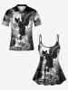Haut de Tankini Chat Fleur Crâne et Nuage Imprimés à Bretelle Ajustable de Chat (T-shirt) - Noir 2X