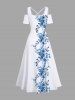 Plus Size Floral Leaves Branch Print Hawaii Cold Shoulder Crisscross A Line Maxi Dress -  