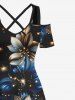 Plus Size Glitter Floral Stars Galaxy Print Hawaii Cold Shoulder Crisscross A Line Maxi Dress -  