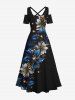 Maxi Robe Ligne A Croisée Etoile Galaxie Fleurie à Epaule Dénudée de Grande Taille à Paillettes - Noir 5X