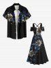 Maxi Robe Ligne A Croisée Etoile Galaxie Fleurie à Epaule Dénudée de Grande Taille à Paillettes - Noir 5X