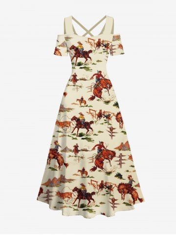 Plus Size Horse Rider Print Hawaii Western Cowboy Style Cold Shoulder Crisscross Strappy A Line Maxi Dress - LIGHT COFFEE - S