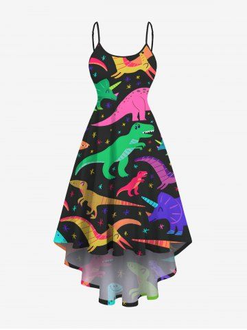 Plus Size Colorful Dinosaur Print Hawaii High Low Asymmetric Cami Dress - BLACK - 6X